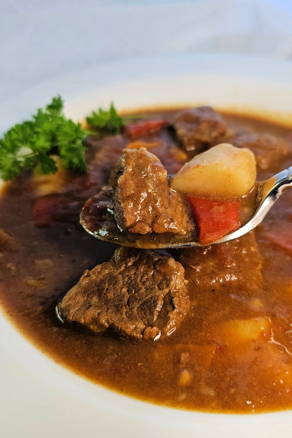 A bowl of German goulash soup, made in the oven or stove top