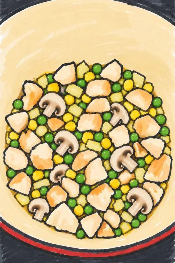 Drawing of a Dutch oven dish with chicken, mushrooms, corn and peas.
