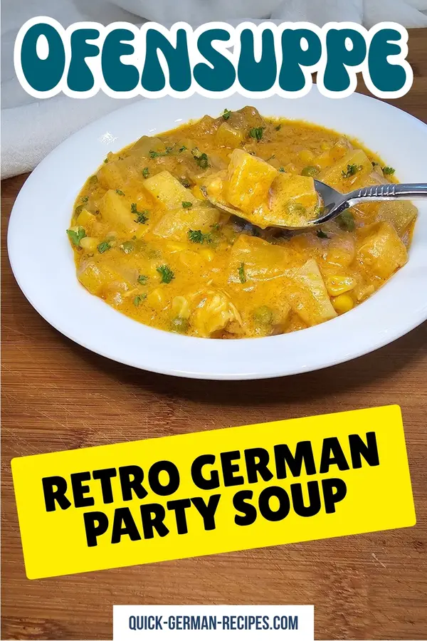 German Party Soup in a white bowl and text overlays