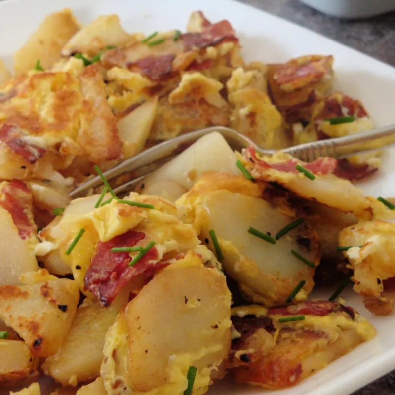 Hoppel Poppel with potatoes, eggs, and sliced sausage
