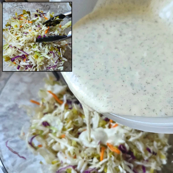 Pour coleslaw dressing over shredded cabbage