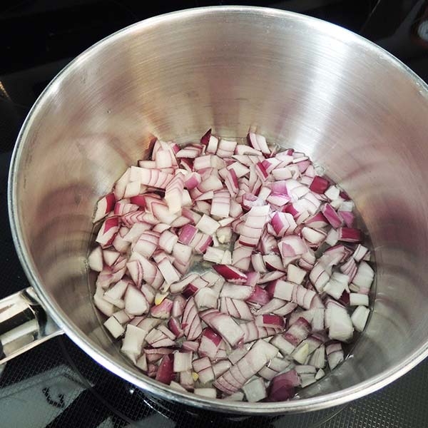 Cooking the onions for my creamy Vegan Mushroom Soup.