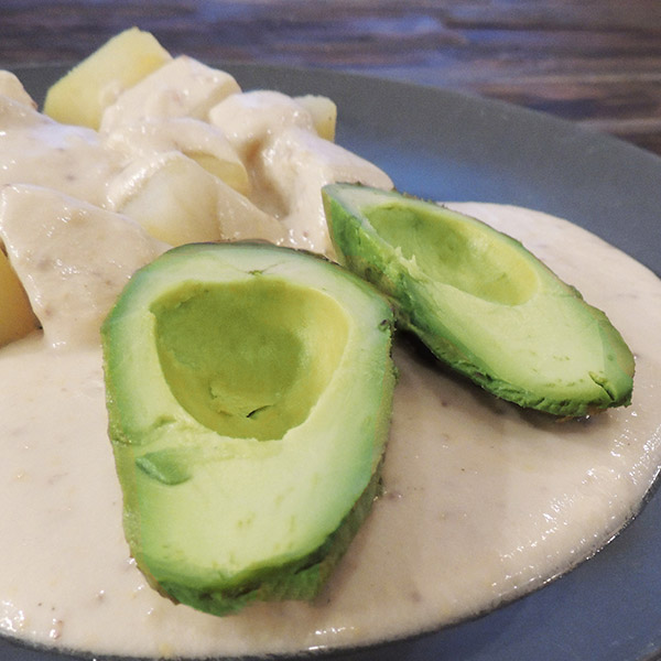 My vegan version of Oma's German mustard sauce will make everyone's taste buds jump for joy! Here, I'm serving it with avocados (replacing the traditional hard-boiled eggs) and boiled potatoes.