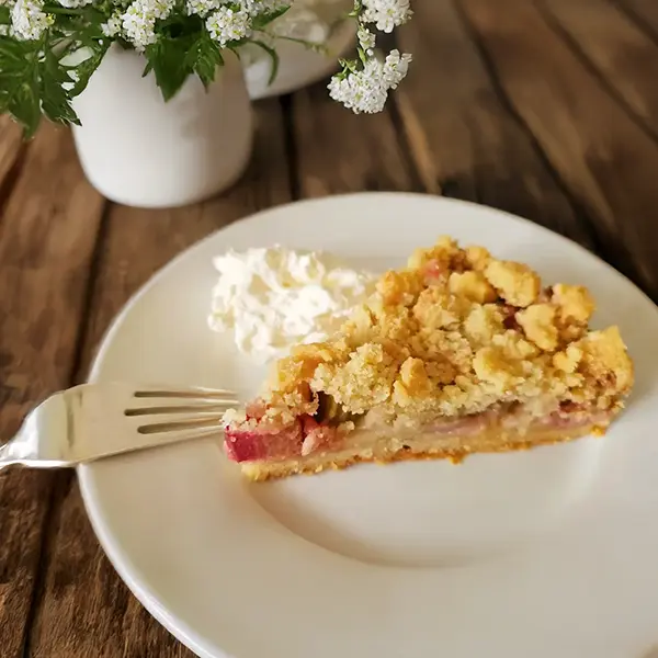 Slice of rhubarb streusel cake with whipped cream on a white plate beside a fork.