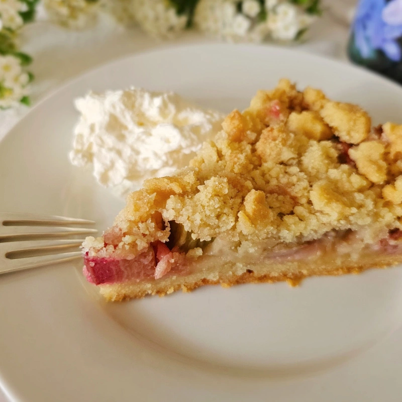 Slice of rhubarb streusel cake on a white plate with whipped cream and a fork, flowers in background.