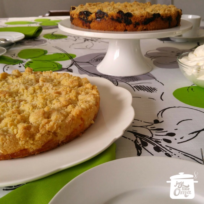 Peach Streusel (foreground) and Plum Jam Streusel Cakes served for Coffee time! What a yummy combo! Peach Streusel (foreground) and Plum Jam Streusel Cakes served for Coffee time!
