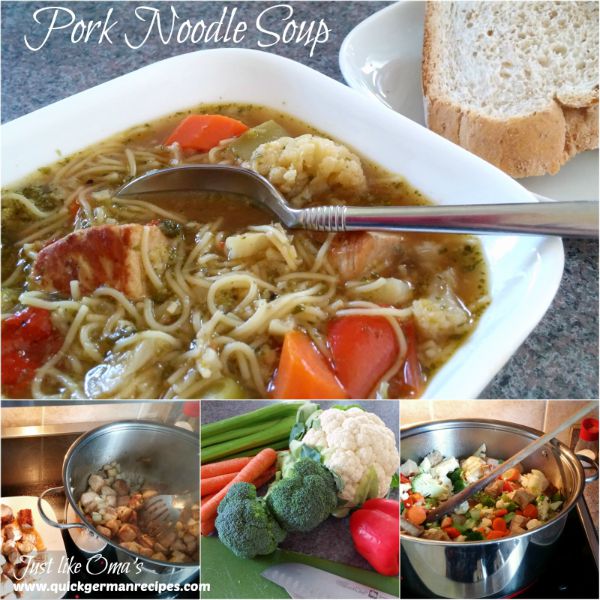 German Pork Noodle Soup with Veggies made just like Oma! Make it with what your family loves. Make it with what's in your fridge. So versatile, so delicious! German Pork Noodle Soup with Veggies made just like Oma!