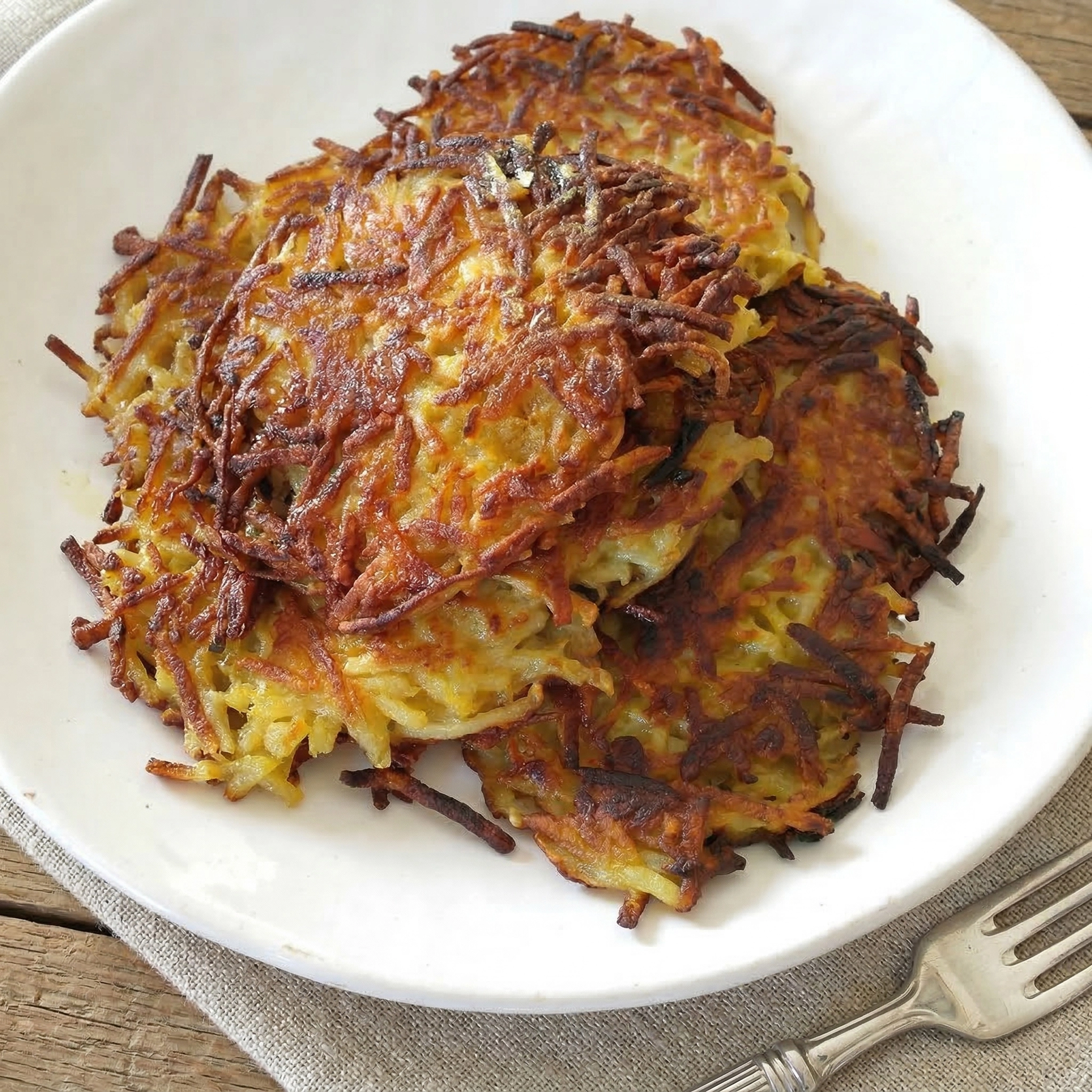 stack of potato pancakes on a white plate with a fork, sat on a brown tablecloth and wooden table.