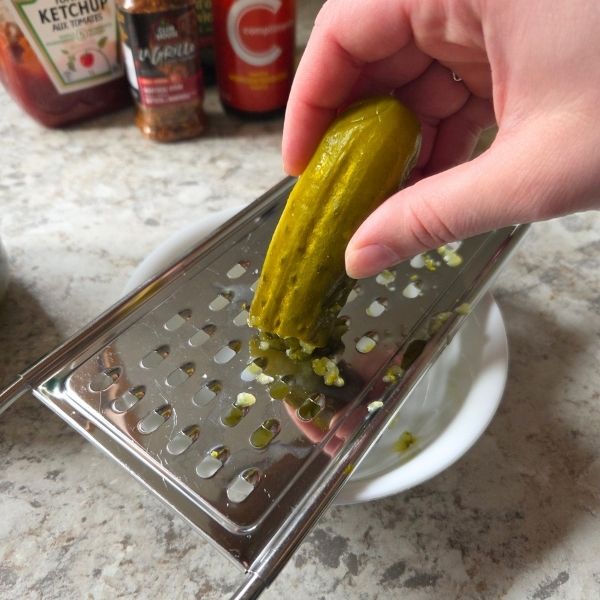 Shredding pickle for burgers using a cheese grater