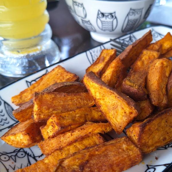 Lydia's sweet potato french fries lydias sweet potato fries recipe on white patterned plate