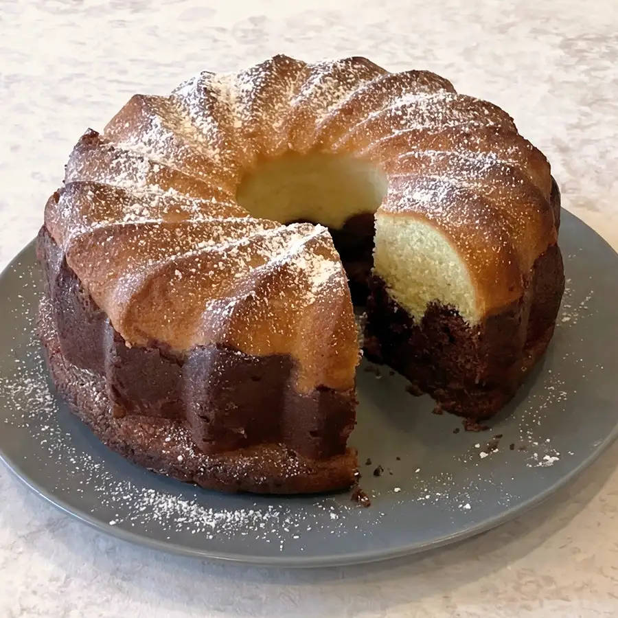Sliced vegan German marble cake on a plate dusted with powdered sugar