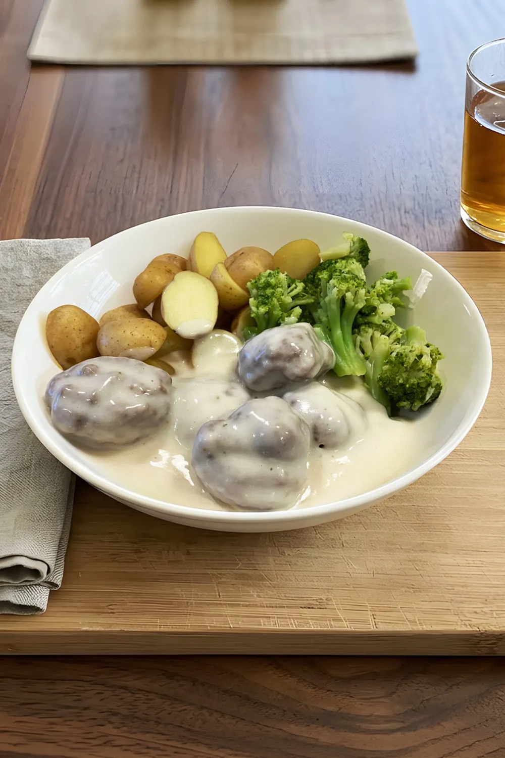 Vegan seitan meatballs in creamy sauce served with baby potatoes and broccoli on a white plate.