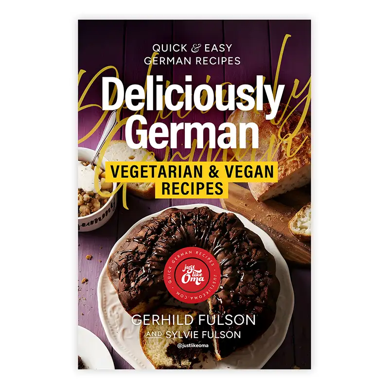Deliciously German Vegetarian & Vegan Recipes shown as spiral book, paperback, and ebook on a phone