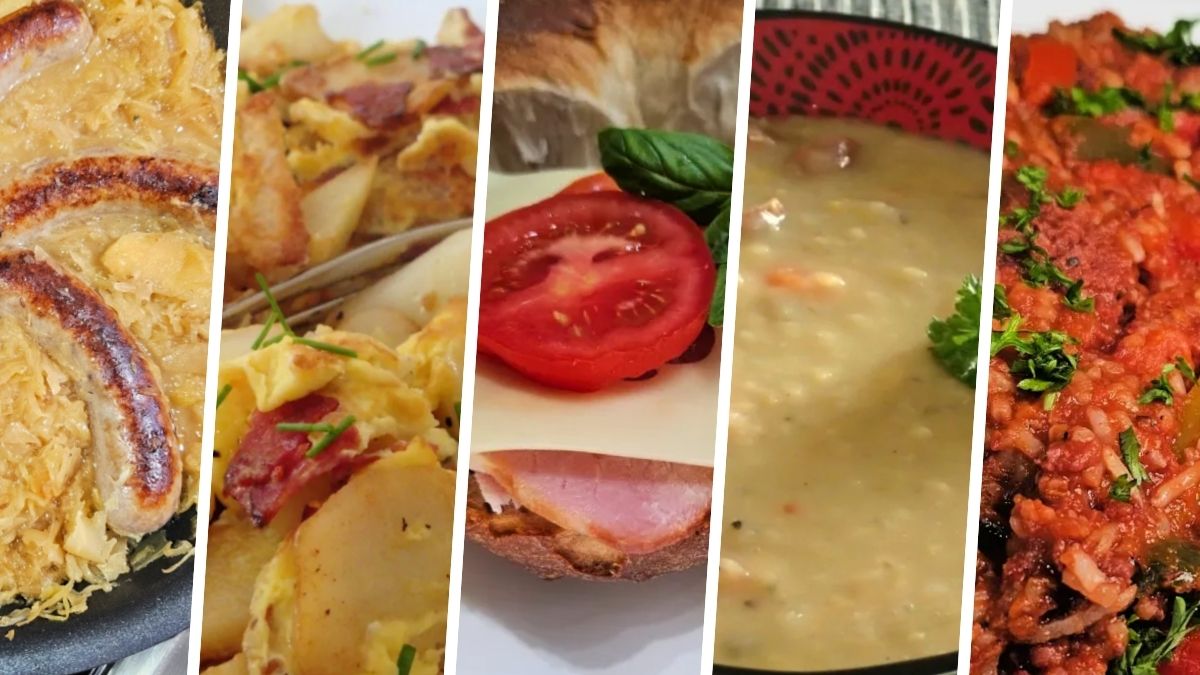 Five German weeknight dinners with bratwurst, Hoppel Poppel, Abendbrot, red lentil soup, and Reisfleisch