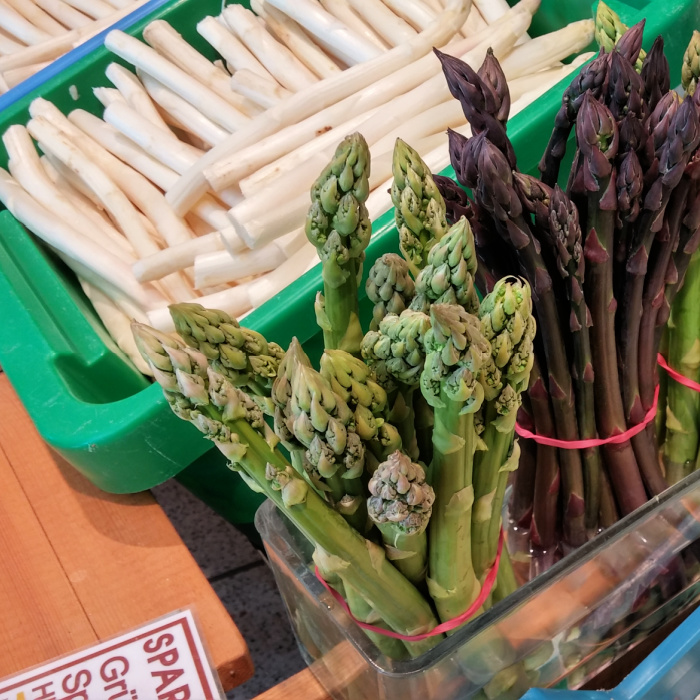 White, purple, and green asparagus in Germany