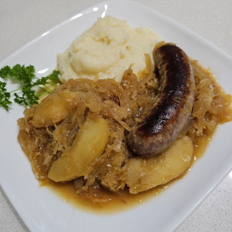 German Bratwurst, Sauerkraut, and Mashed Potatoes
