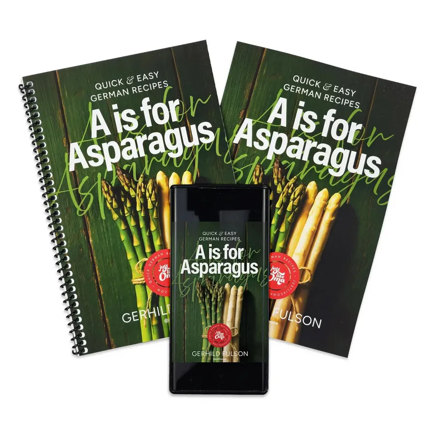 A is for Asparagus cookbook shown as spiral book, paperback, and ebook on a phone