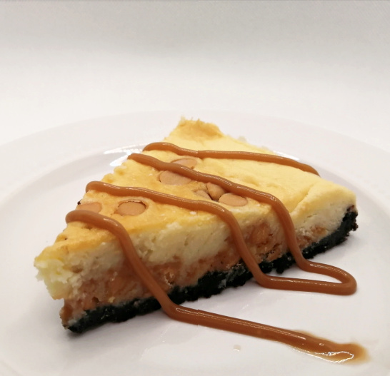 Fabulous air fryer cheesecake with butterscotch chips and chocolate crust.