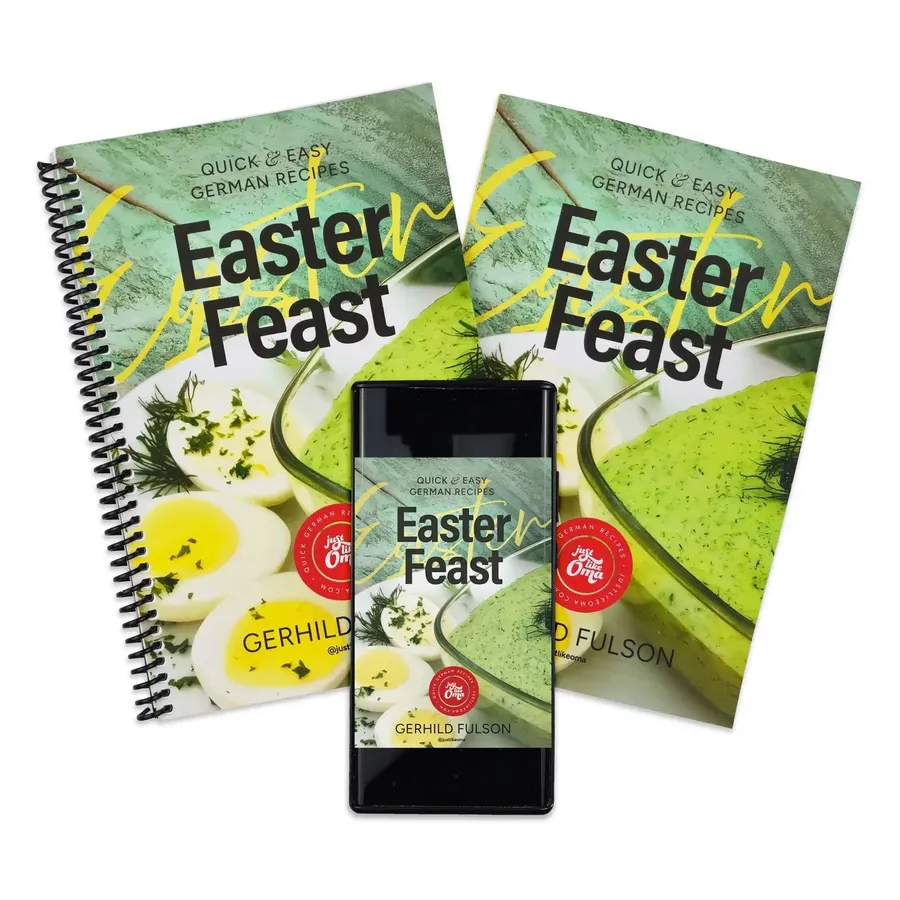 Easter Feast cookbook shown as spiral book, paperback, and ebook on a phone