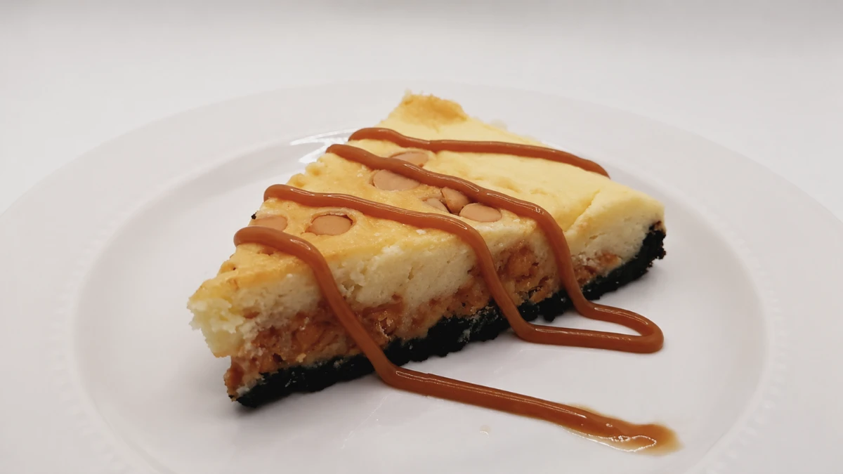Fabulous air fryer cheesecake with butterscotch chips and chocolate crust.
