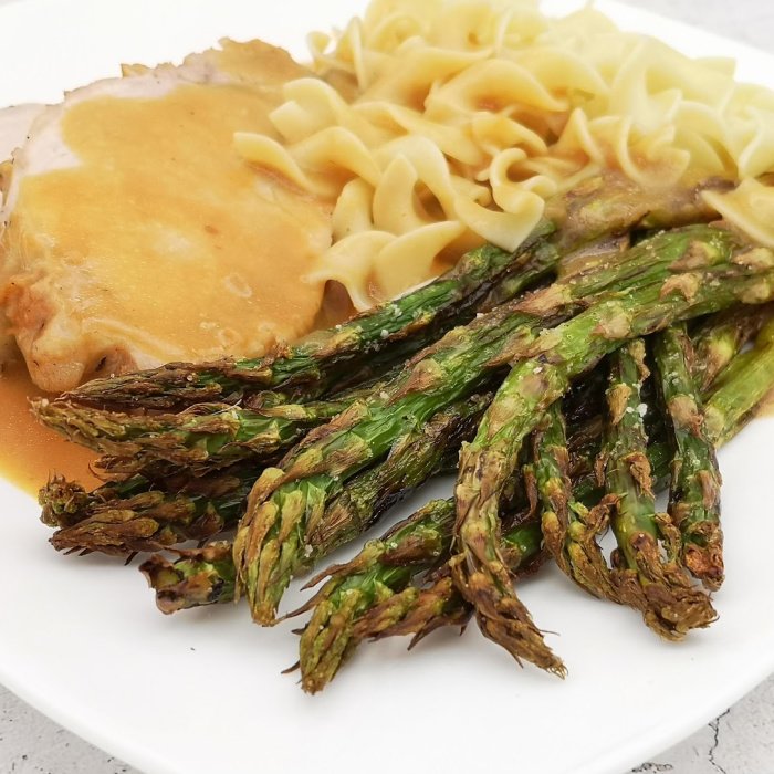 roasted asparagus with noodles, roast pork and gravy
