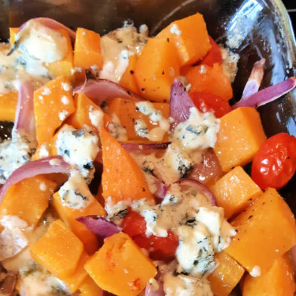 Butternut Squash baked with tomatoes and blue cheese. Such a strange combination, but, OH, how delicious!