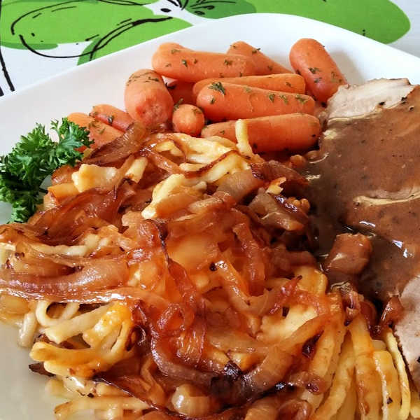 German Cheese Spätzle with caramelized onions. 'Mac & cheese' like no other, Oma-style.