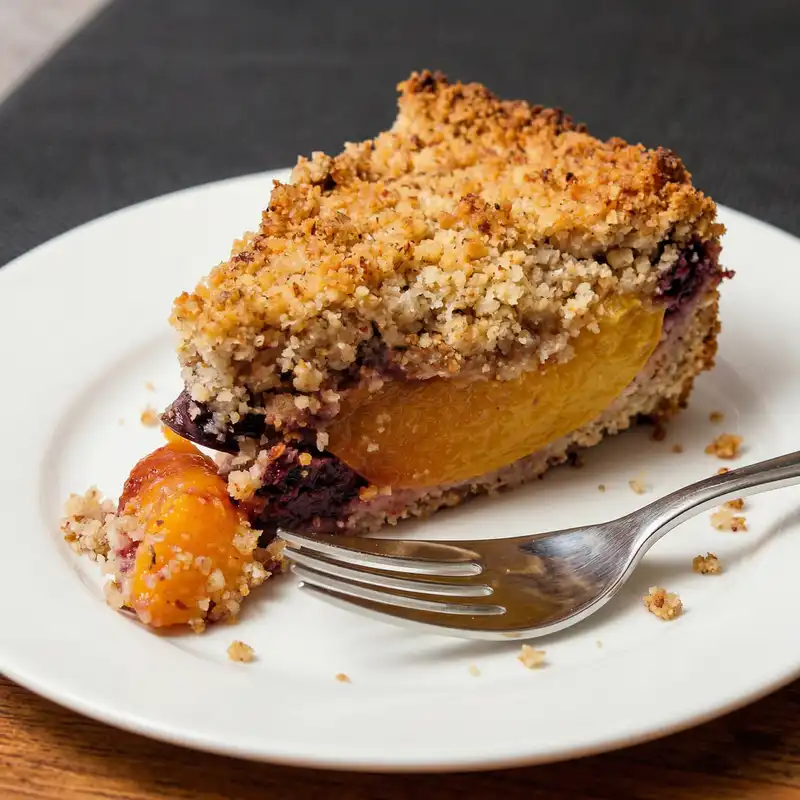 slice of peach cherry tart on a white plate with a silver fork