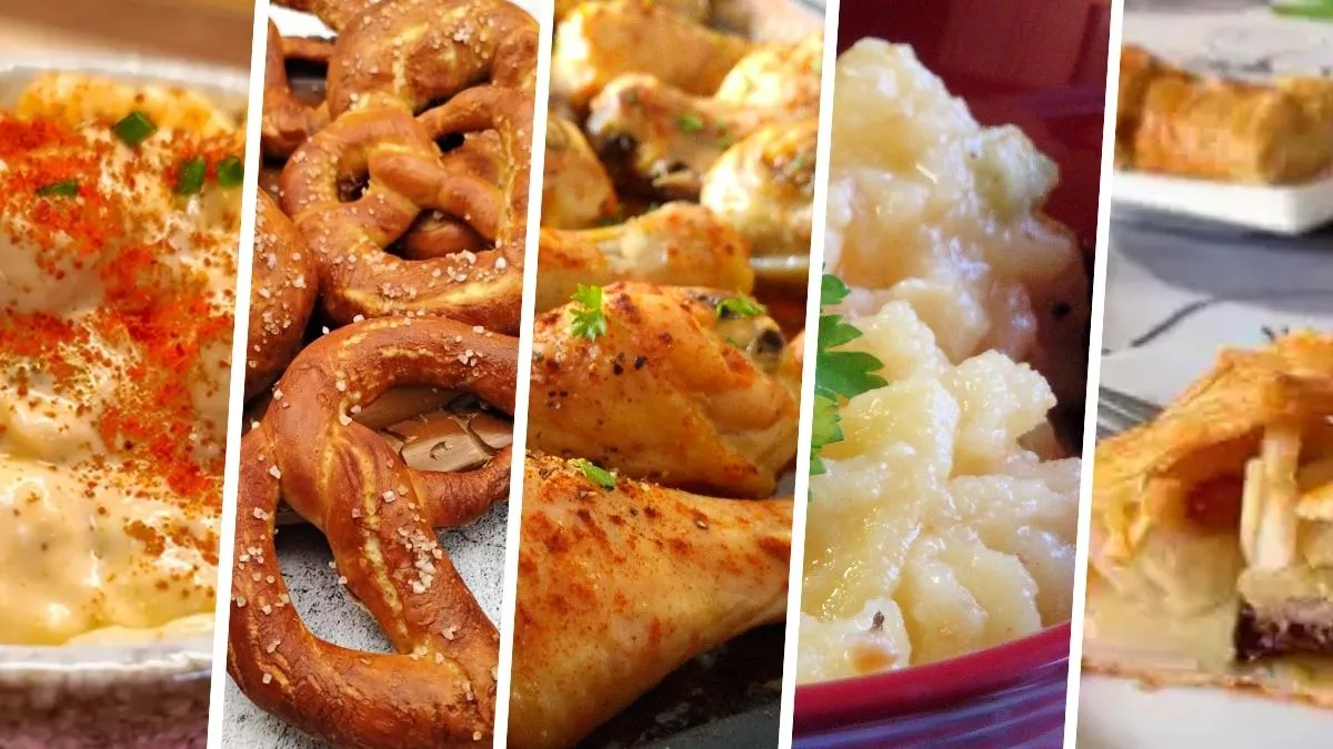 German Oktoberfest party menu with Bavarian pretzels and cheese dip, roasted chicken, southern German potato salad, and apple strudel