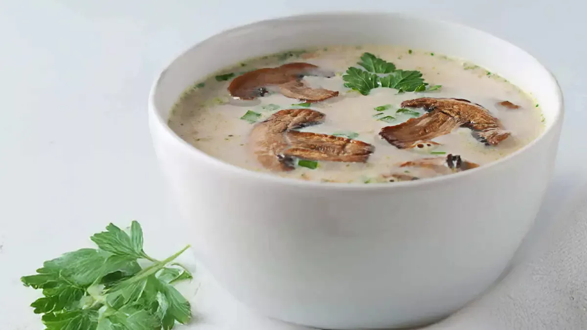 mushroom soup in a white bowl