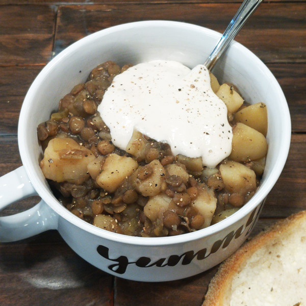 Leek and Lentil Stew with Potatoes (Vegan Recipe) served with a dollop of cashew cream (or be none vegan and make it sour cream)