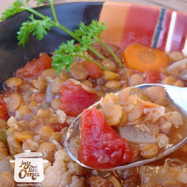 Slow cooker German lentil soup -- so good, so healthy, and so easy! This Oma just loves slow cooker soups!