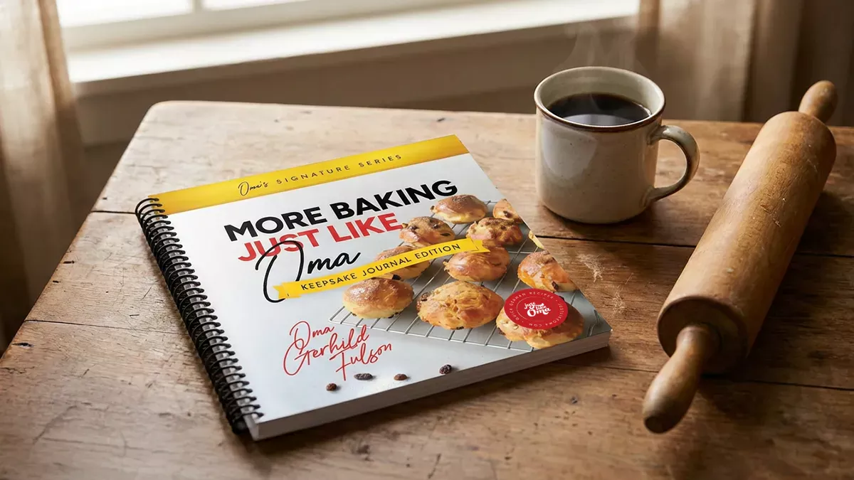 More Baking Just Like Oma keepsake journal edition cookbook on a table beside coffee and rolling pin