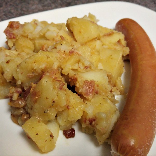 Southern German potato salad served alongside German wieners.