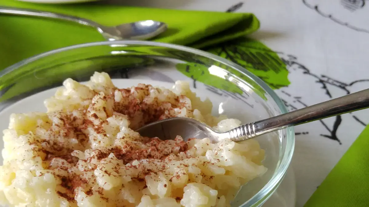Bowl of baked Milchreis (German rice pudding) sprinkled with cinnamon, ready to serve