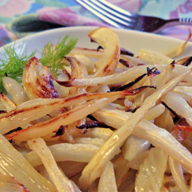 Roasted fennel - mild and surprisingly anise-flavored. A wonderful side dish.