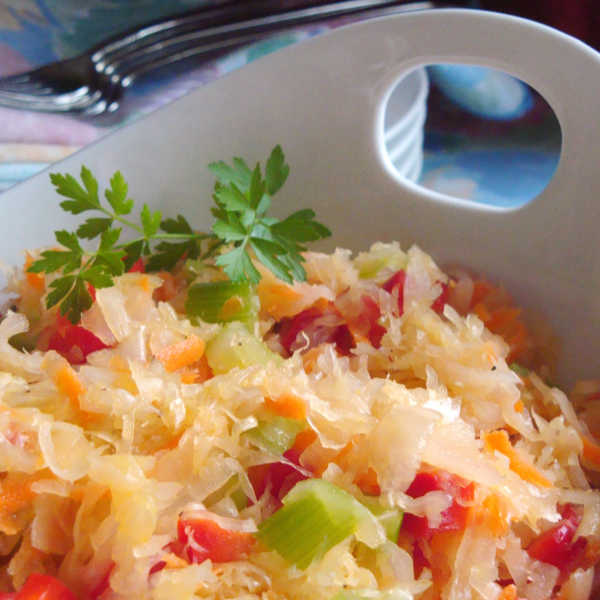 Beautiful sauerkraut salad made with red and green peppers