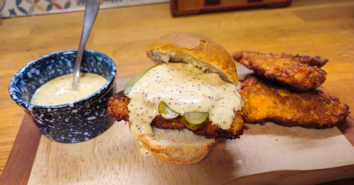 Pork schnitzel slider topped with creamy mustard sauce and sliced pickles, served with extra schnitzel pieces and a bowl of beer mustard sauce.