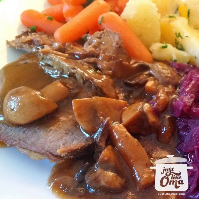 Make this slow cooker roast beef and be amazed how much this tastes like rouladen WITHOUT the work. Same wonderful gravy, tender meat, and perfect for family and guests.