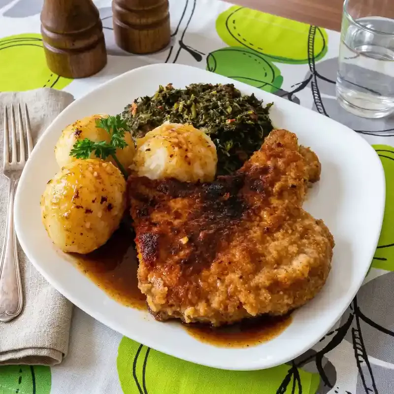 german thueringer dumplings served alongside traditional pork chops