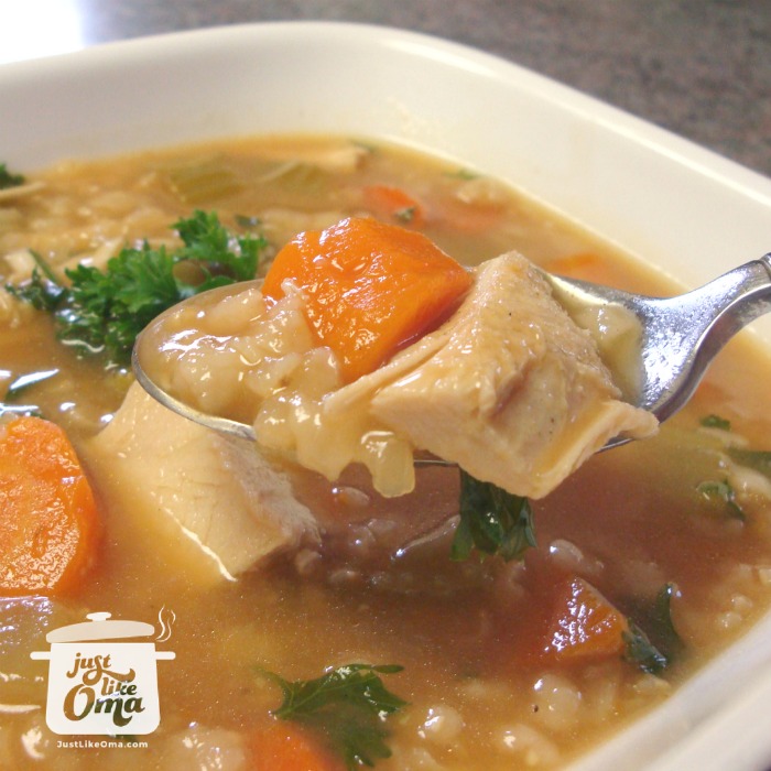 Easy Turkey Rice or Barley Soup made from your leftover turkey carcass.