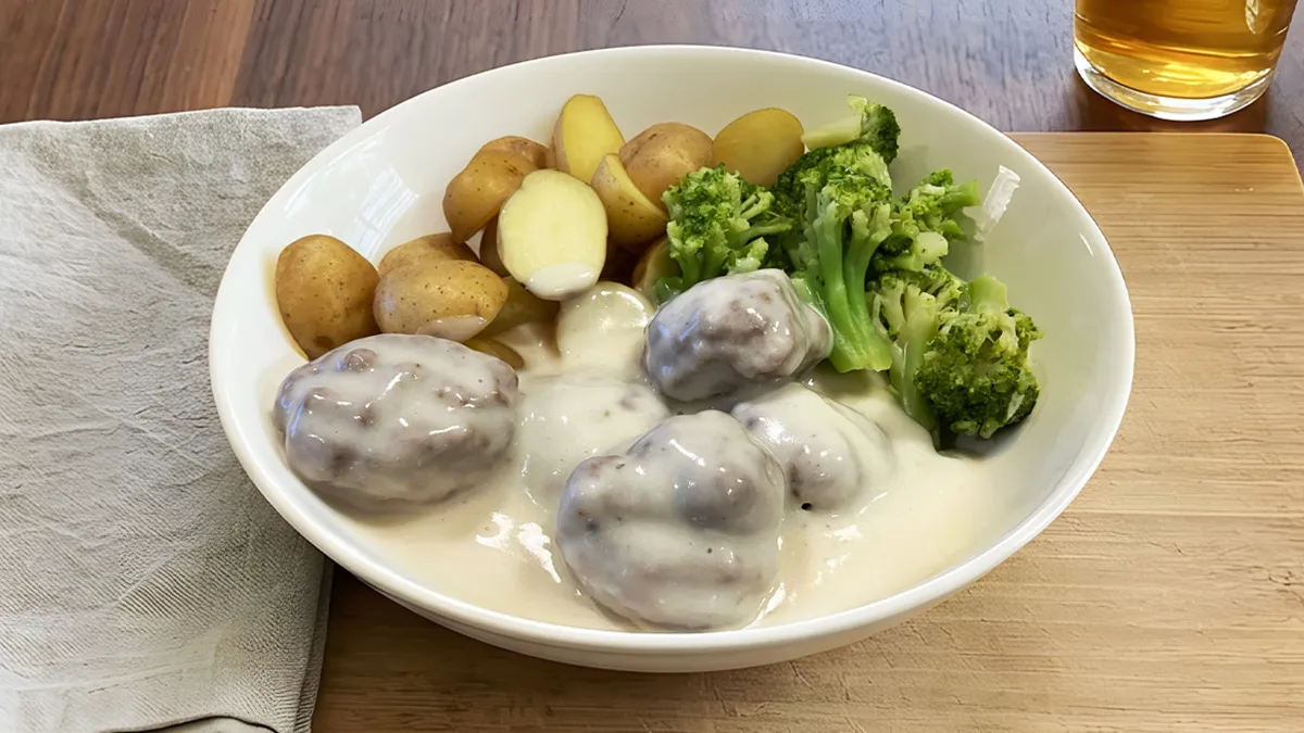 Vegan seitan meatballs in creamy sauce served with baby potatoes and broccoli on a white plate.